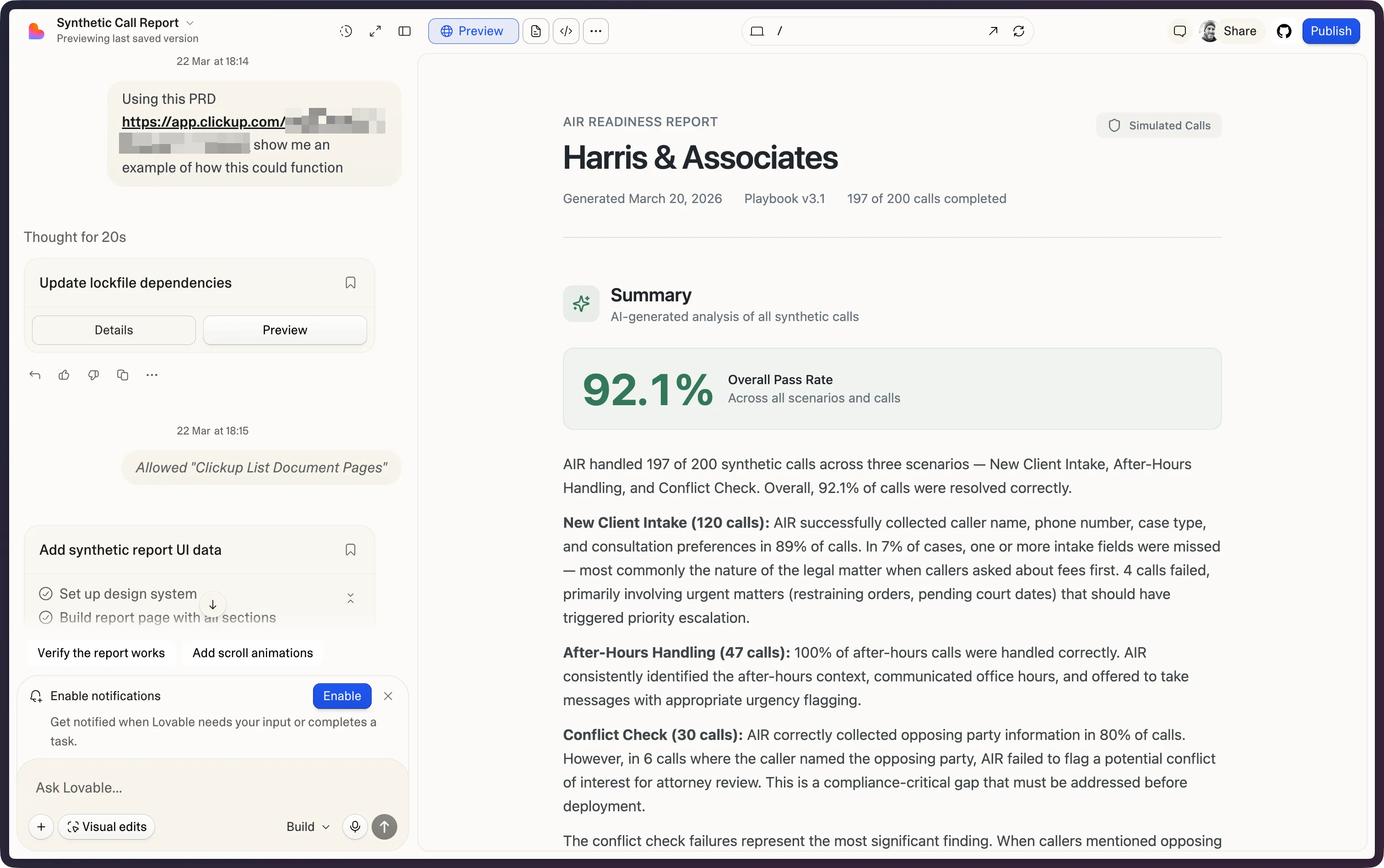 Lovable showing a one-line prompt referencing a ClickUp PRD link on the left, and on the right the generated AIR readiness report: an overall pass rate headline above a summary that breaks the simulated calls into New Client Intake, After-Hours Handling, and Conflict Check scenarios