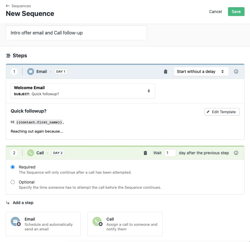 Close's Sequence builder with a Call step set to Required, alongside options to add further Email or Call steps