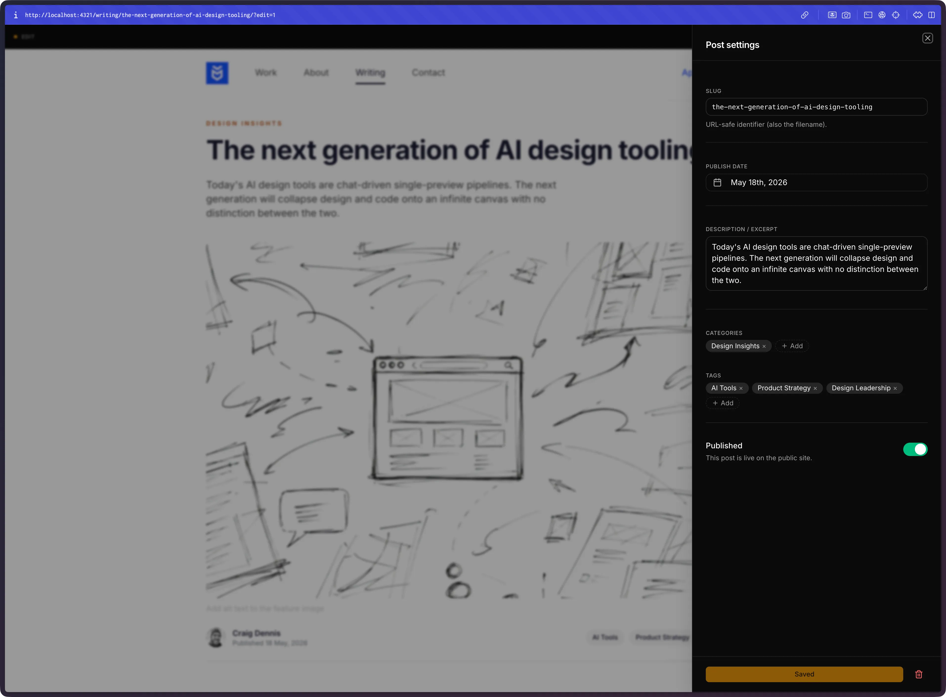 The full post view with a Post settings drawer open on the right, showing slug, publish date, description, categories, tags and a published toggle