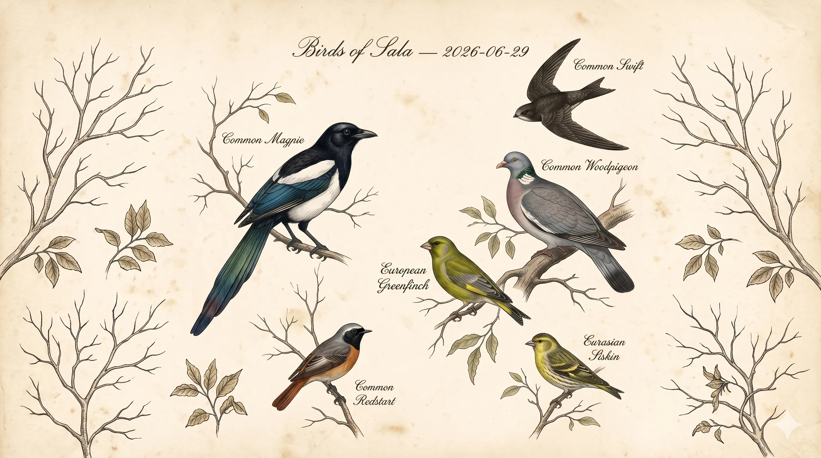 A hand-coloured Audubon-style plate of the birds heard in my garden in Sala, titled 'Birds of Sala'