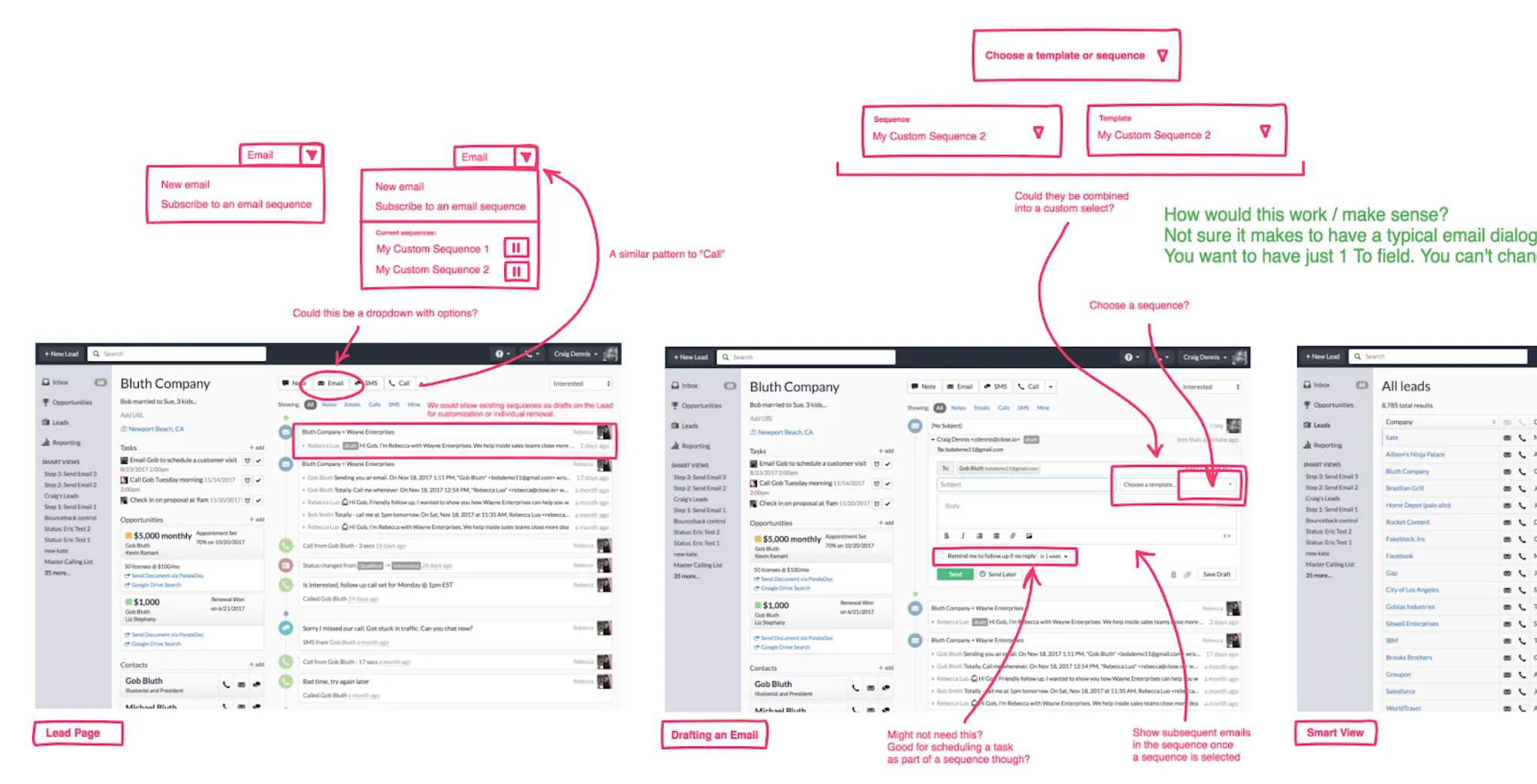 Wireframe flows exploring how a multi-step sequence is built and edited