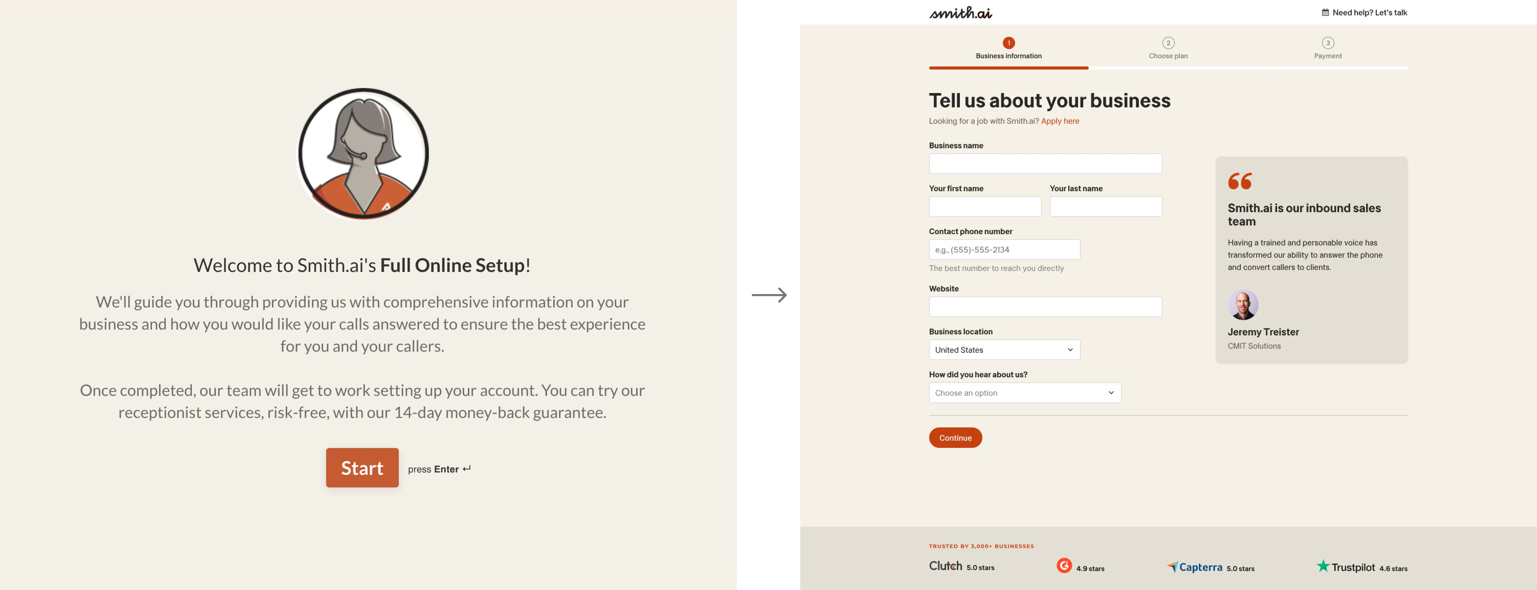Before and after of the sign-up flow, from an unactionable form to sign-up, payment, and dropping straight into the dashboard