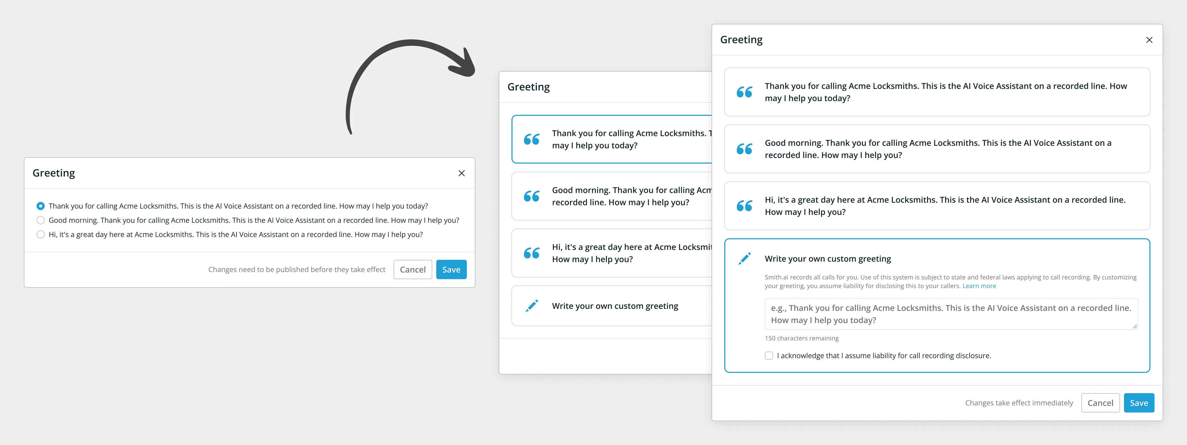 The original greeting control and the first iteration allowing a custom greeting with a call-recording disclosure