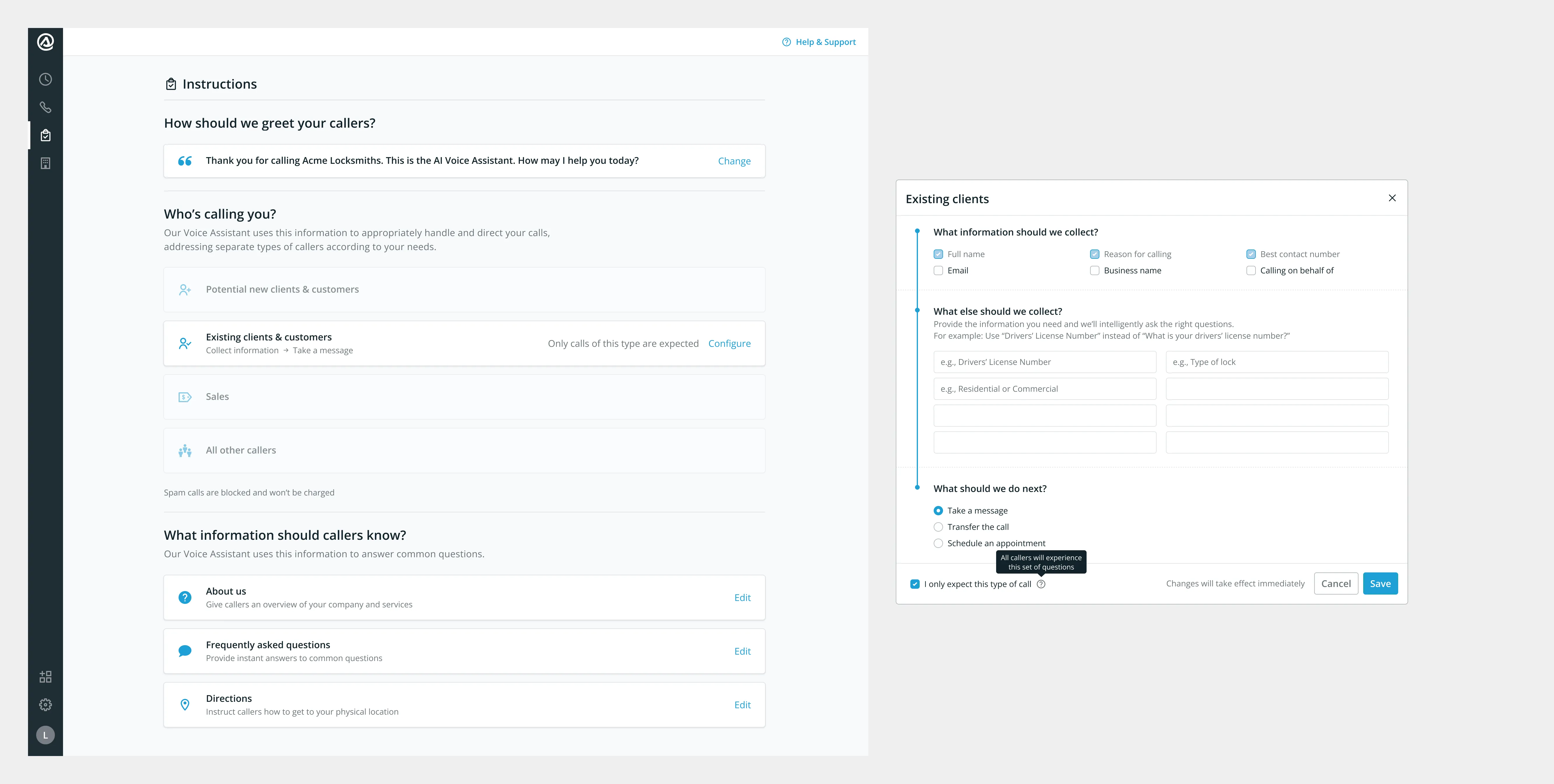 The single caller-type setting in the configuration modal