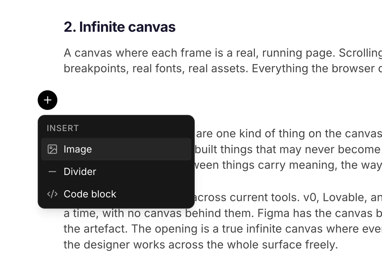 A small plus button in the left margin opening a dropdown labelled INSERT with options for Image, Divider and Code block
