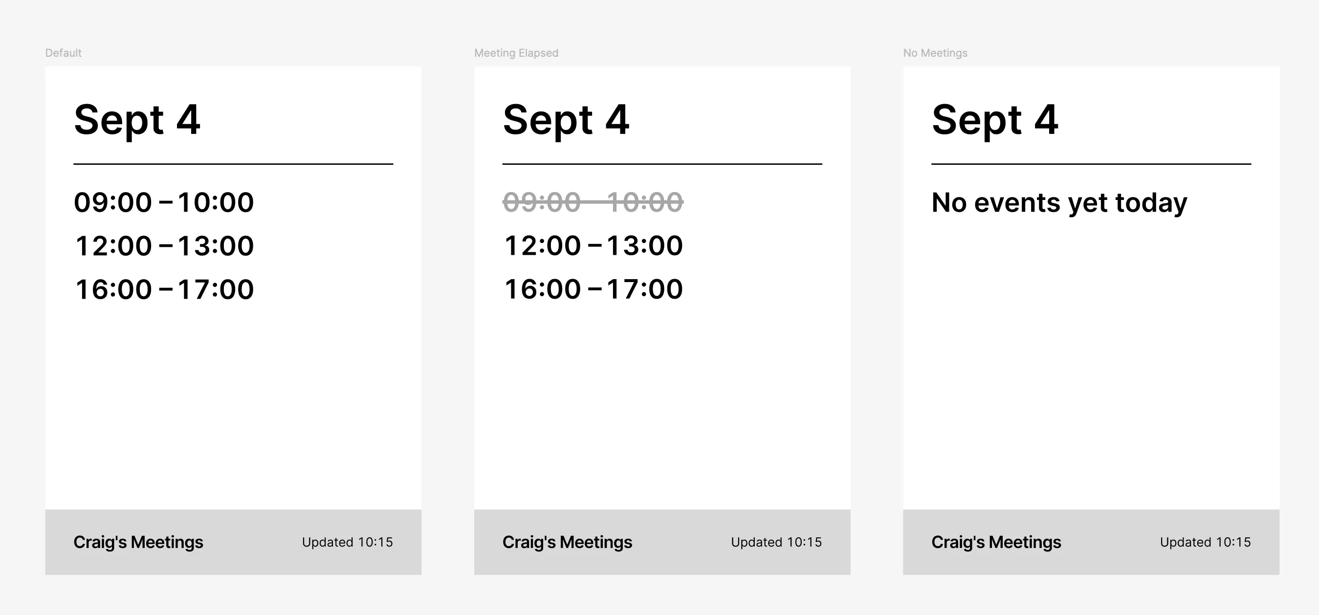 Three Figma frames side by side labelled Default, Meeting Elapsed and No Meetings. Each reads Sept 4 above a divider and has a grey footer bar reading Craig's Meetings and Updated 10:15. Default lists 09:00 to 10:00, 12:00 to 13:00 and 16:00 to 17:00. Meeting Elapsed shows the same list with the first meeting greyed out and struck through. No Meetings reads No events yet today.