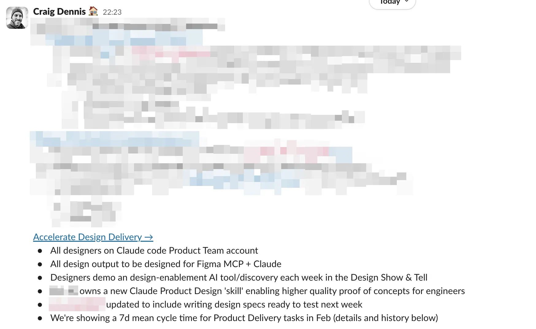 A monthly OKR update posted to the leadership channel, with a cycle-time table showing median and mean by month against baseline