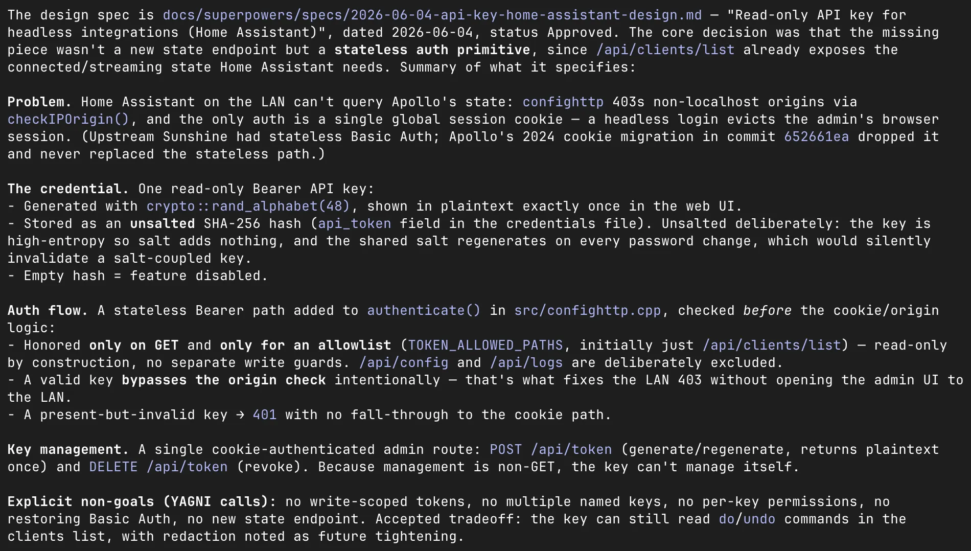 Screenshot of the API-key design document, with sections for problem, credential, auth flow, and non-goals