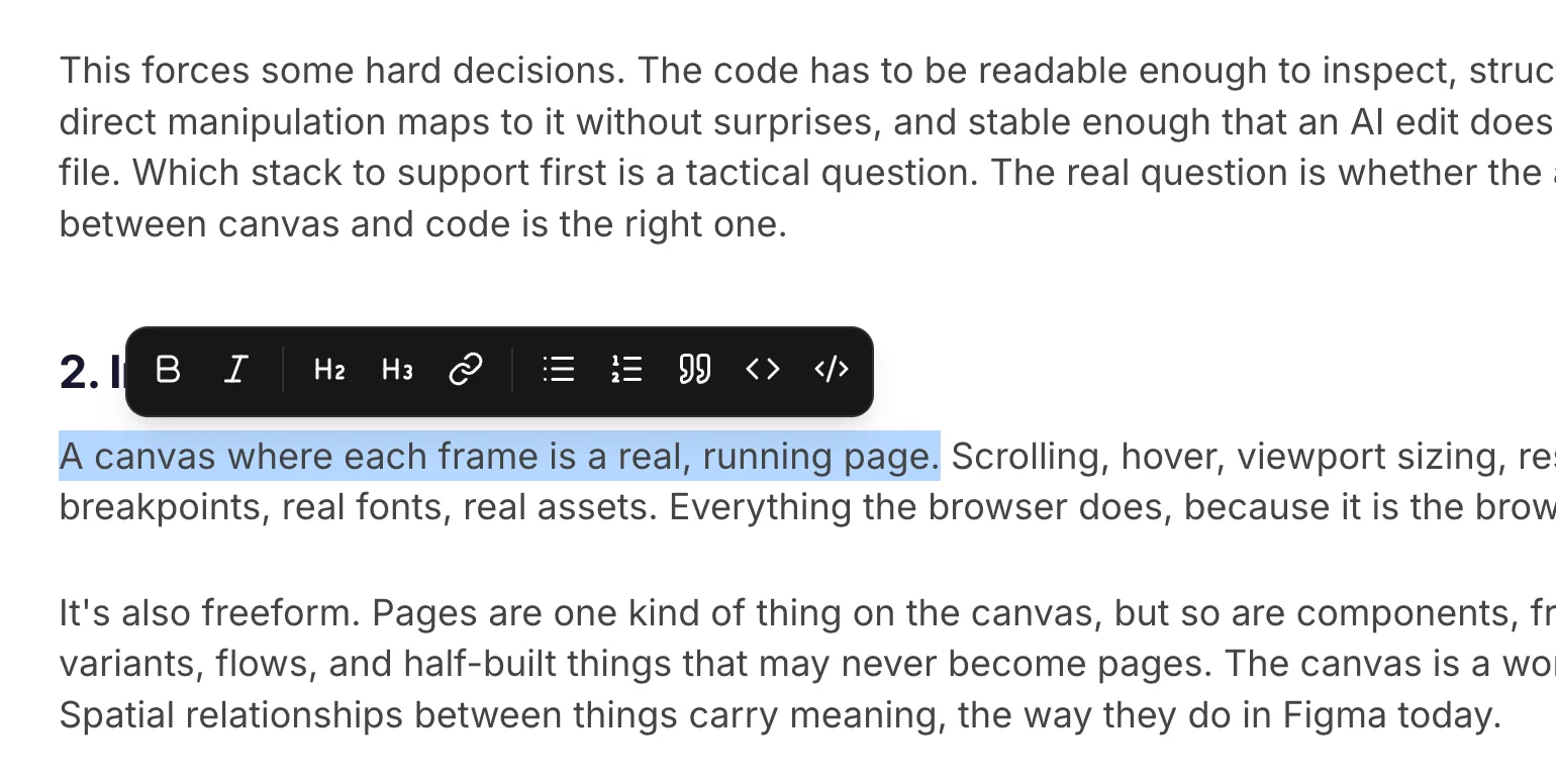 A floating dark popover above selected text with controls for bold, italic, H2, H3, link, bullet list, numbered list, blockquote, inline code and code block