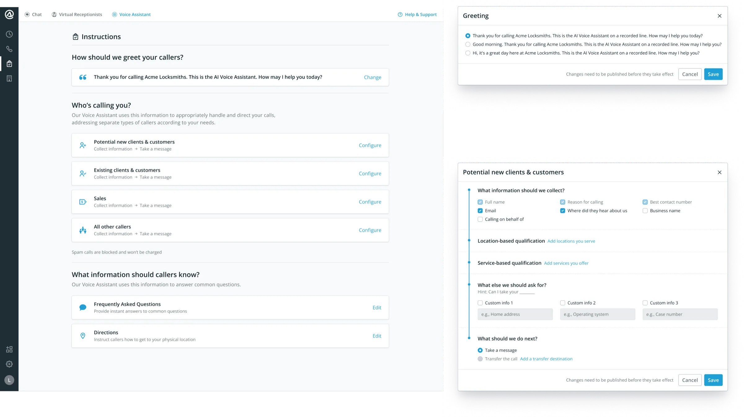 The default AI receptionist configuration a customer gets with no setup, illustrating the product-is-the-manual principle