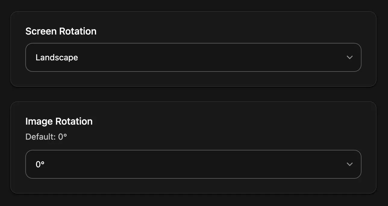 Two settings panels from the TRMNL device page. Screen Rotation is set to Landscape in a dropdown. Image Rotation is set to 0 degrees, with the note Default: 0 degrees above it.